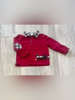 Janie and Jack Sz 2T Toddler Boys Polo Shirt Long-Sleeve Train Red Plaid Collar